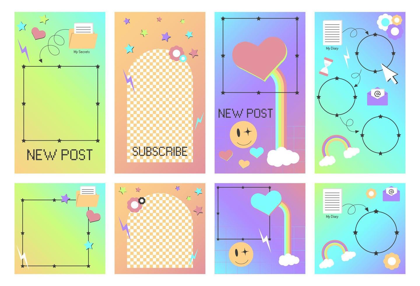 Social media template for y2k style stories and posts. Psychedelic design with retro elements and frame vector