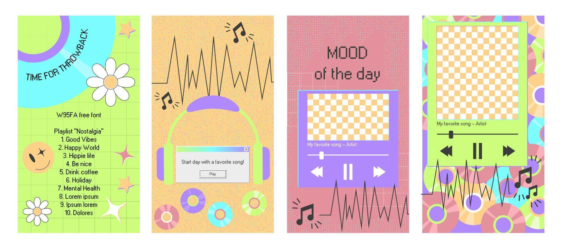 Vertical pin for music post with sound wave. Social media template for y2k style stories. Share song window vector