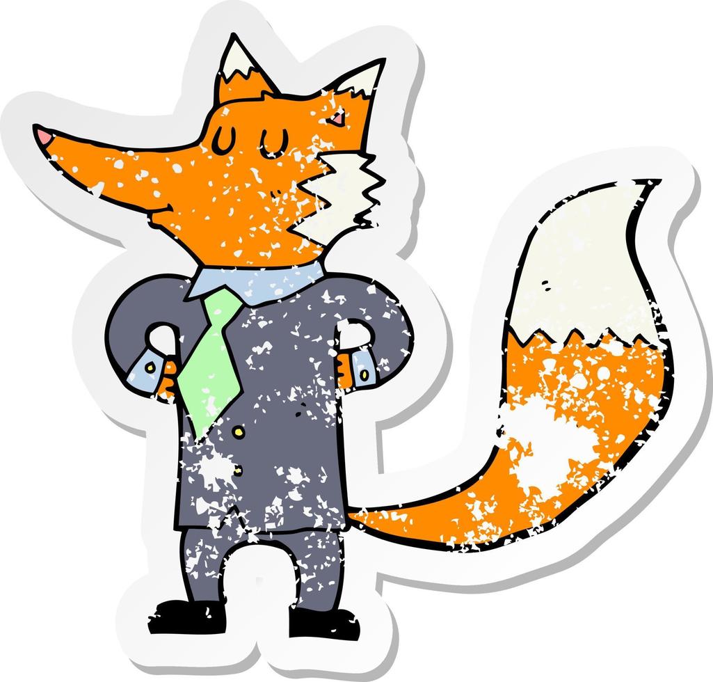distressed sticker of a cartoon fox businessman vector