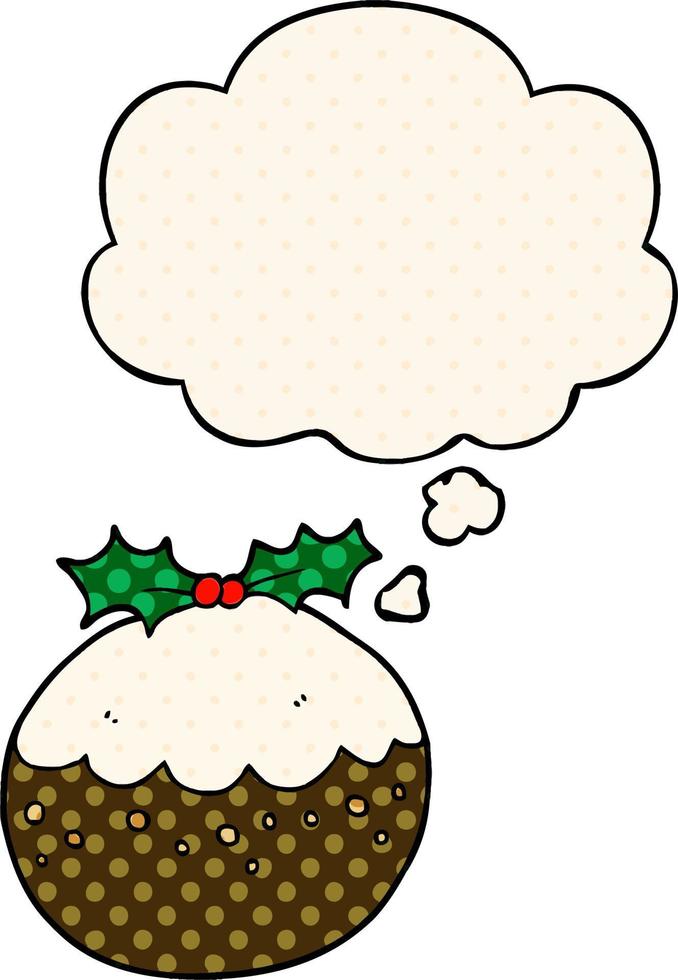 cartoon christmas pudding and thought bubble in comic book style vector