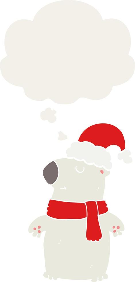 lindo oso de navidad de dibujos animados y burbuja de pensamiento en estilo retro vector