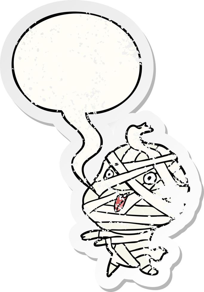 cute cartoon halloween mummy and speech bubble distressed sticker vector