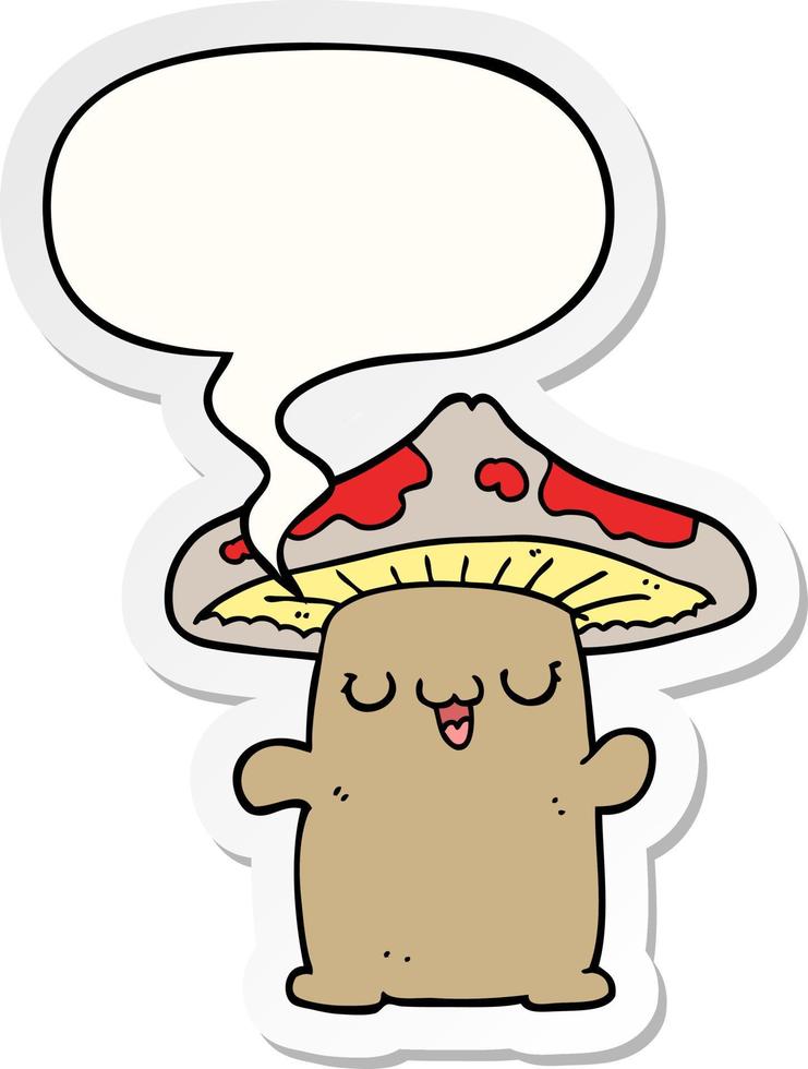 cartoon mushroom creature and speech bubble sticker vector