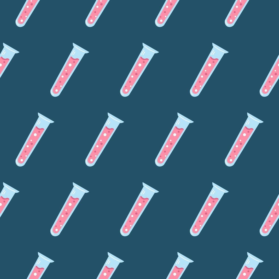 Vector cute seamless pattern with test tube with pink liquid. Chemistry lesson. Back to school. Laboratory experiments. School background.