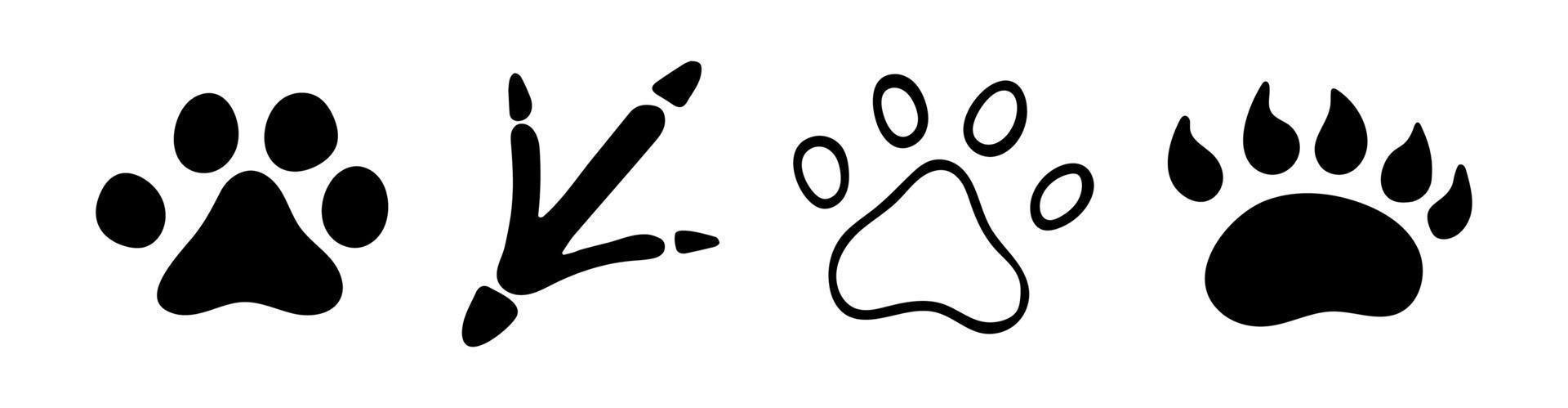 Hand drawn doodle wild animal footprints. Vector black bird paws. Set with footprints. Camping collection. Outline.