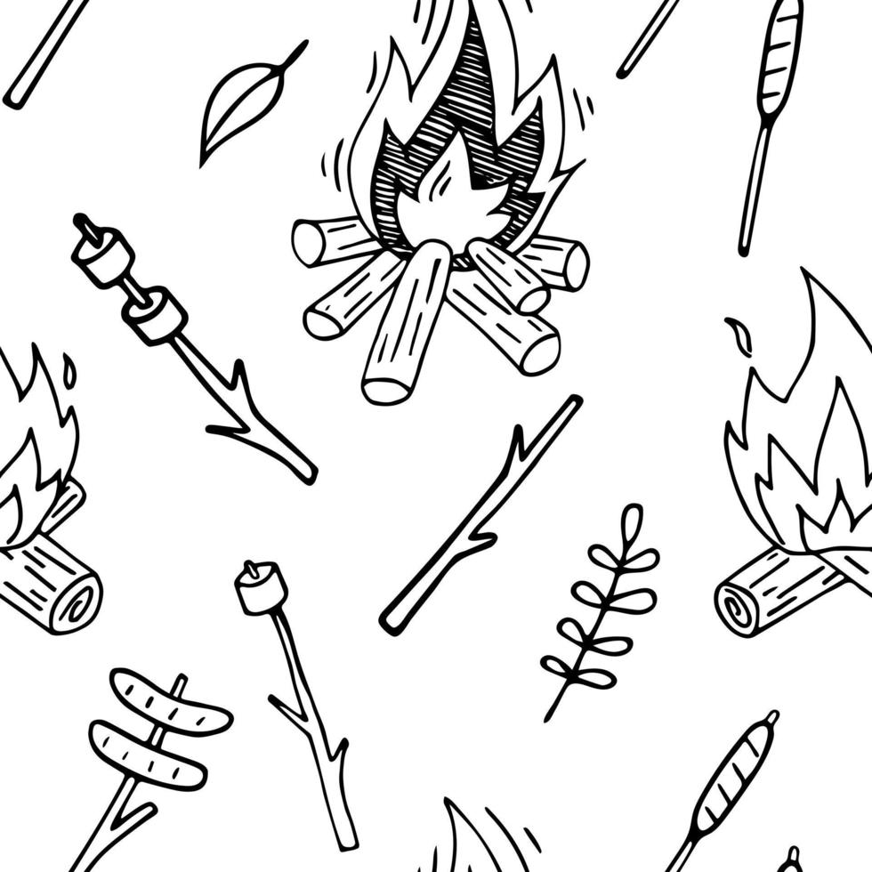 Vector seamless camping pattern. Campfire and bbq. Hand drawn background. Outline. Travel and picnic.