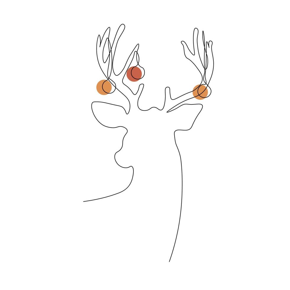 Vector deer in line art style. Deer with christmas decorations hanging on the antlers.