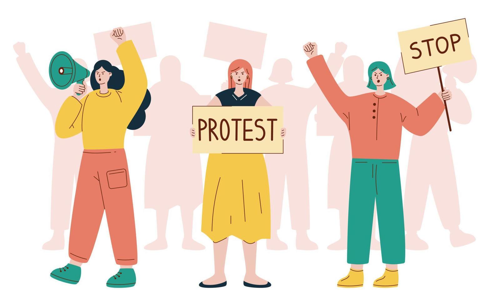 Vector illustration with protesting women. Girl with loudspeaker. Two girls with placards. Protest. Crowd of protesters.