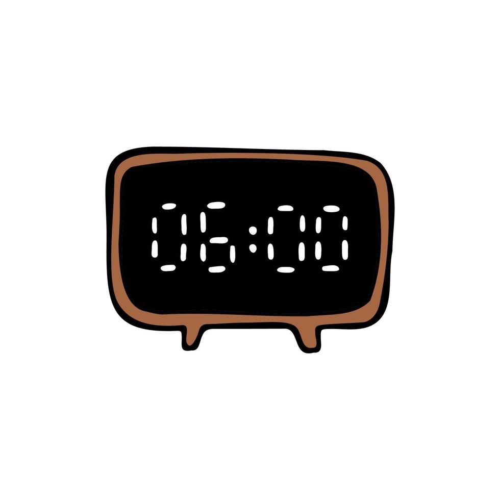 Hand drawn digital alarm clock. Vector doodle electronic watch in color. Brown and black. White numbers.