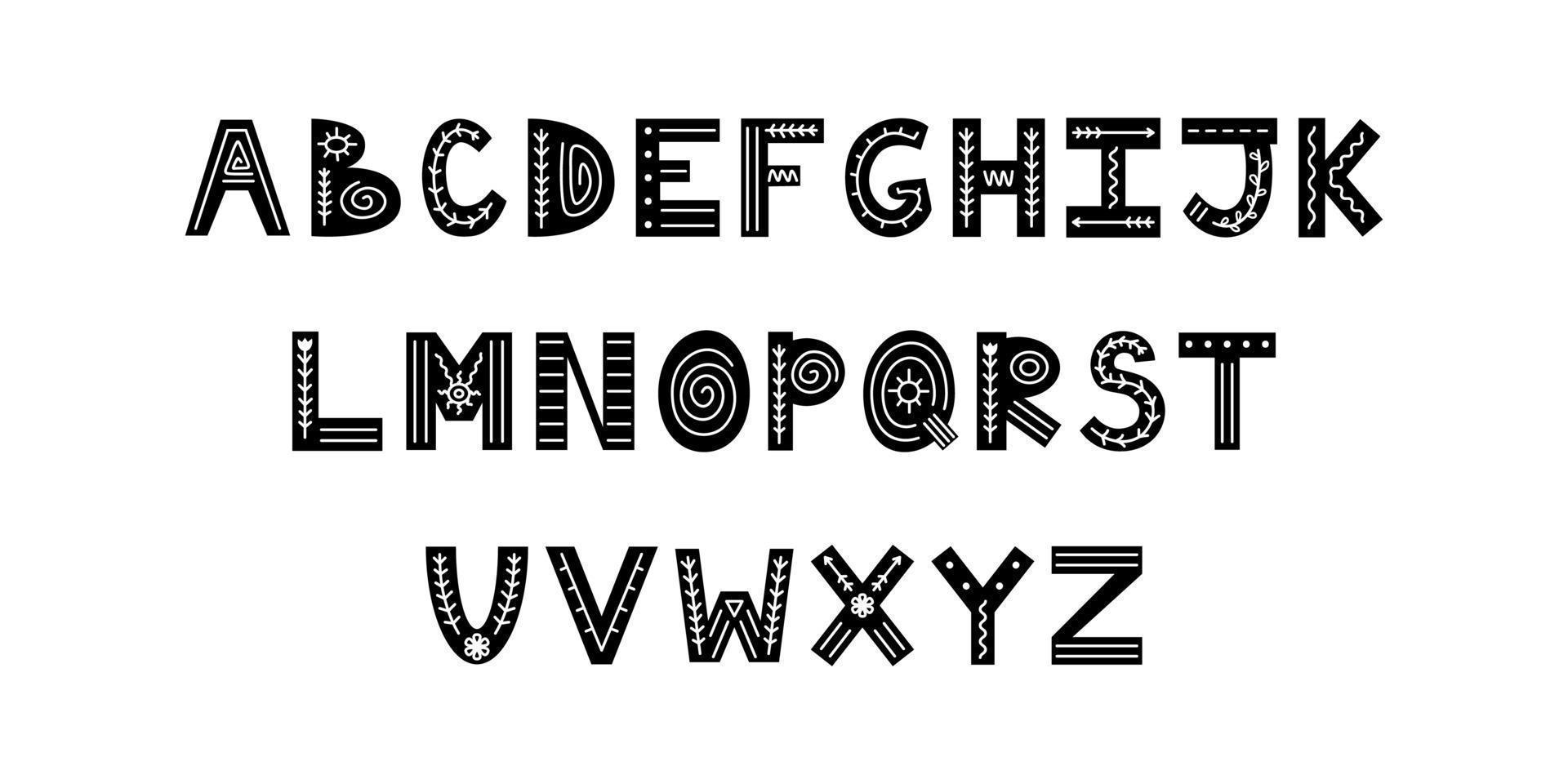 Black and white Scandinavian ornate alphabet with florals and lines. Folk font with English letters. Latin alphabet in Scandinavian style. vector