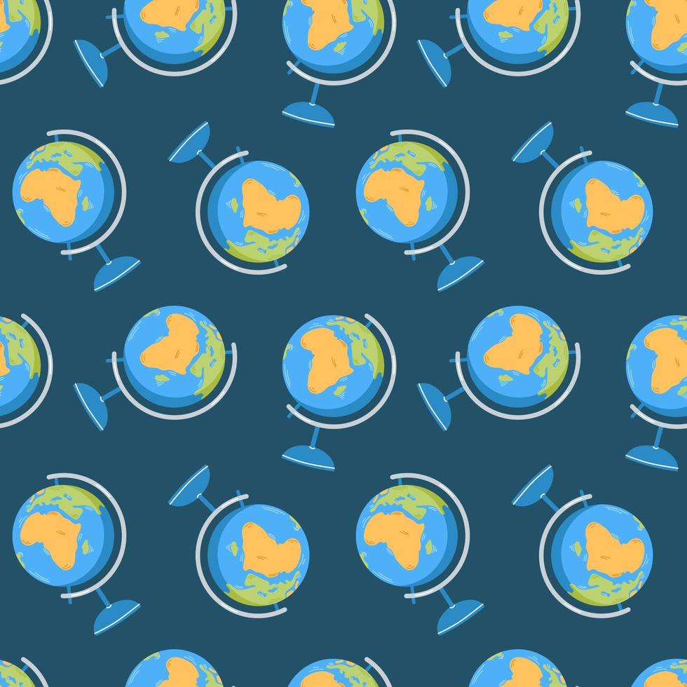 Vector seamless pattern with globe. School supply. Globe of planet Earth with map of world. Back to school.