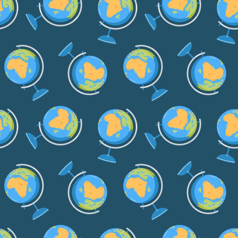 Vector seamless pattern with globe. School supply. Globe of planet Earth with map of world. Back to school.