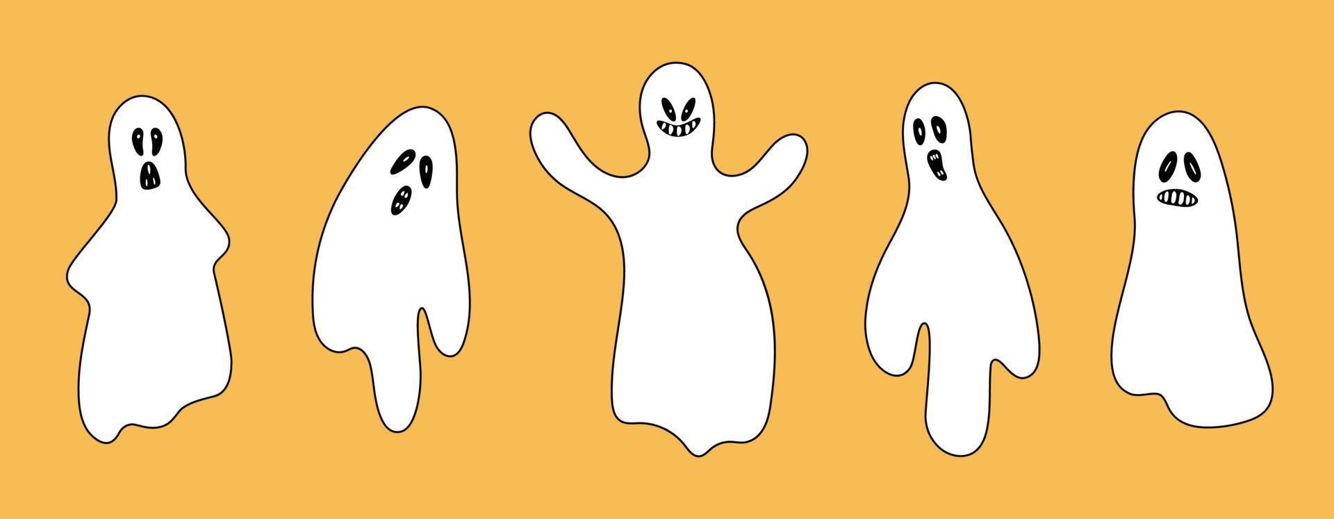 Set of Doodle Spooky Ghosts Collection of Scary Hallooween Phantoms vector