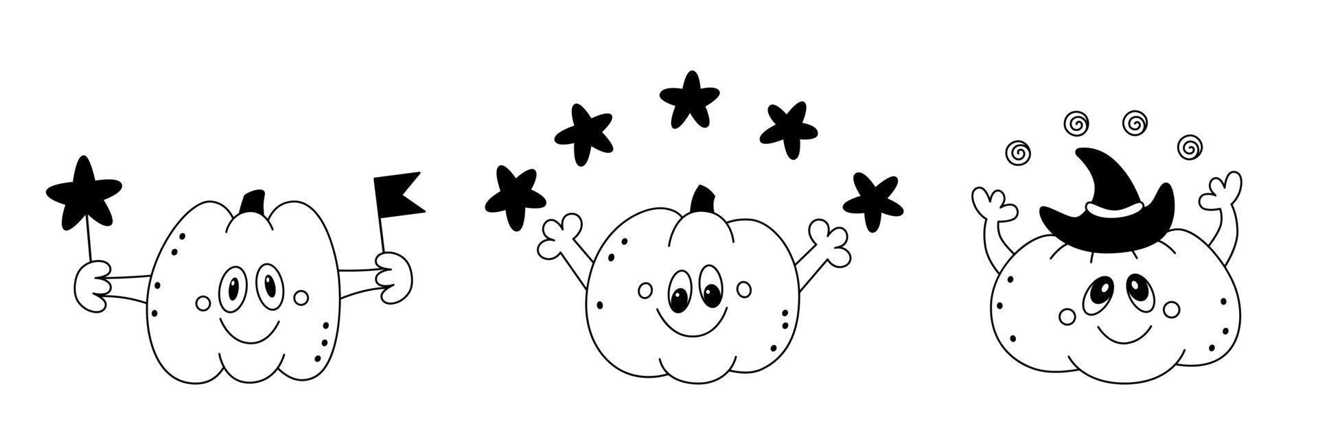Doodle Set of Cartoon Happy Pumpkins Kid Festive Design Elements for Halloween Outline Sketch vector