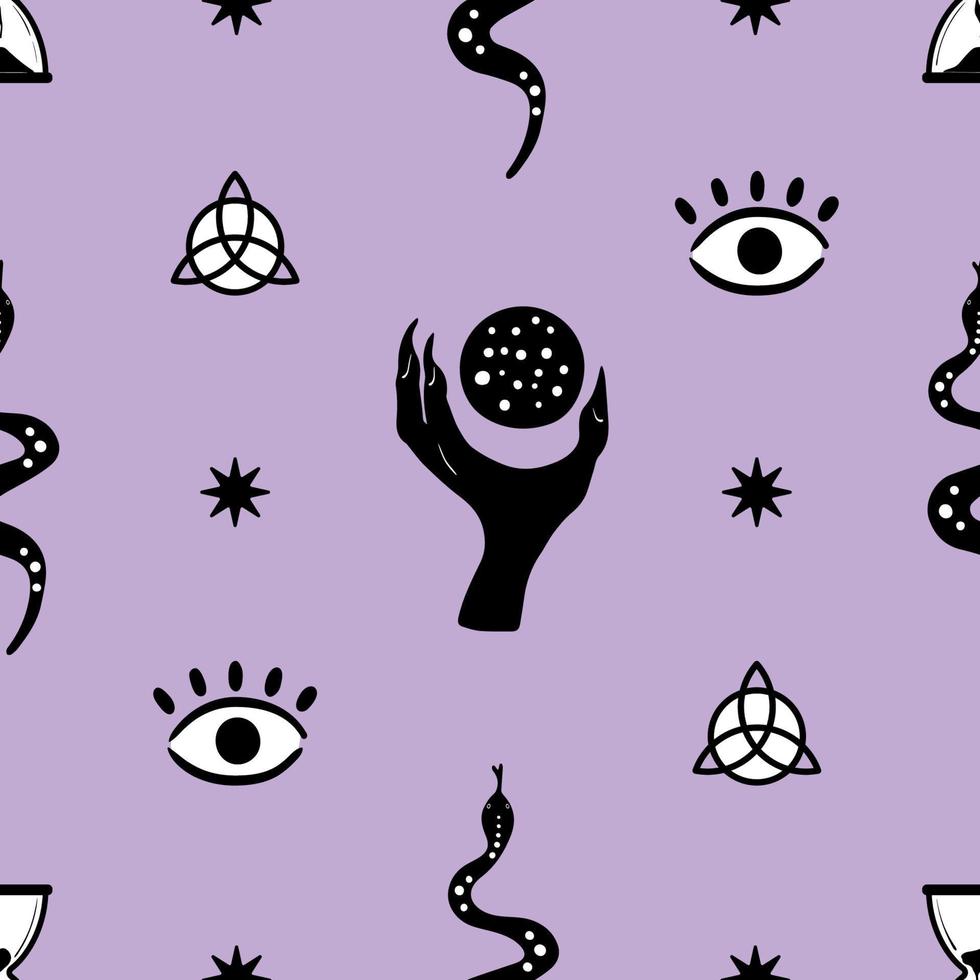 Seamless Pattern with Doodle Mystic Elements Witch Hand Crystall Ball Snake Eye Magical Background vector