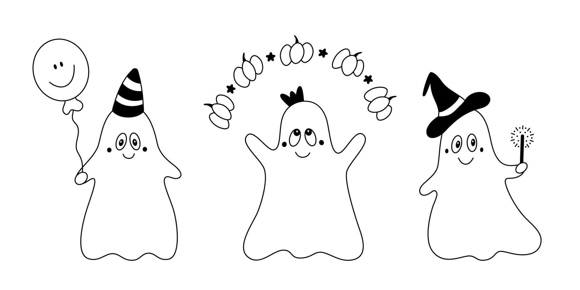 Doodle Set of Happy Cute Kind Ghosts Festive Cartoon Childish Halloween Design Elements vector