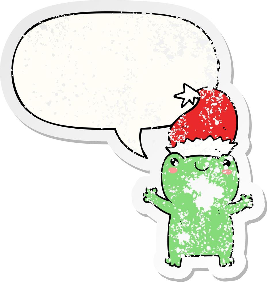 cute christmas frog and speech bubble distressed sticker vector
