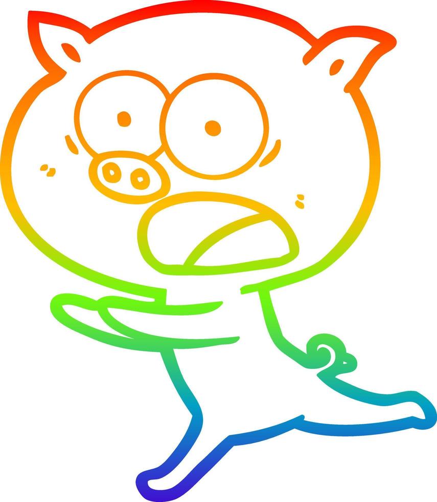 dibujo de línea de gradiente de arco iris cerdo de dibujos animados corriendo vector