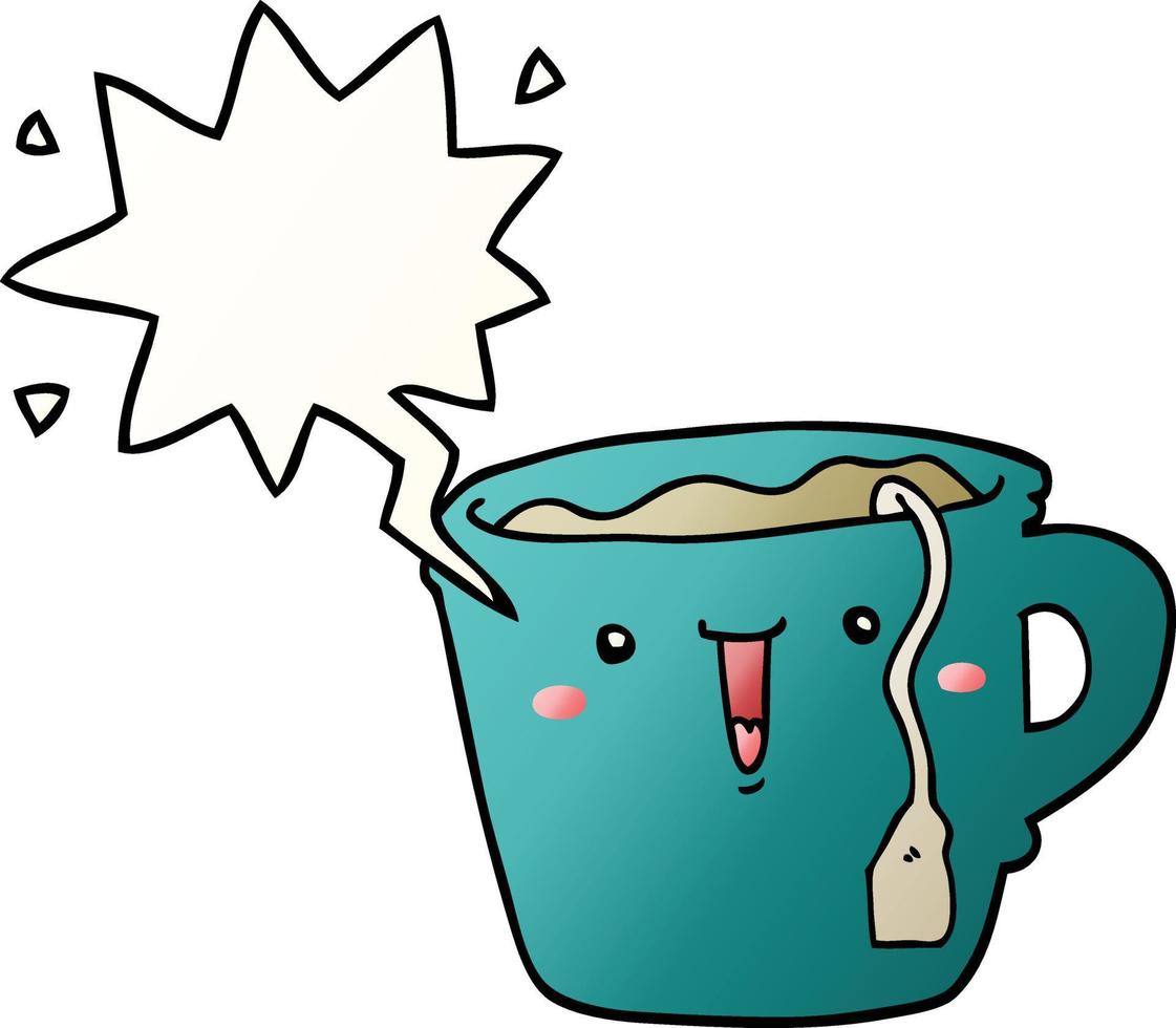 linda taza de café de dibujos animados y burbuja de habla en estilo degradado suave vector