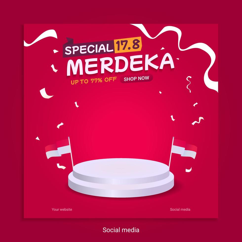 plantilla de póster de venta del día de la independencia de indonesia con podio sobre fondo rojo para redes sociales vector