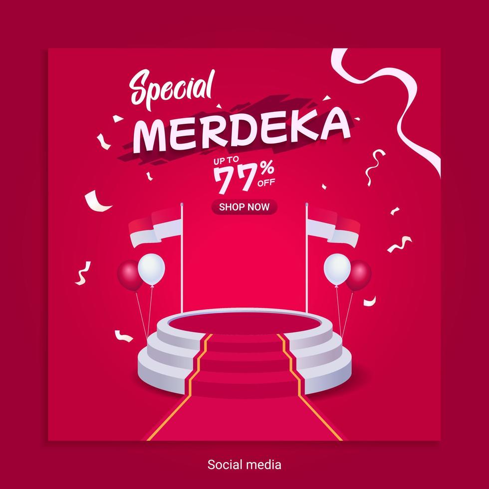 Indonesia independence day sale poster template with podium on red background for social media vector