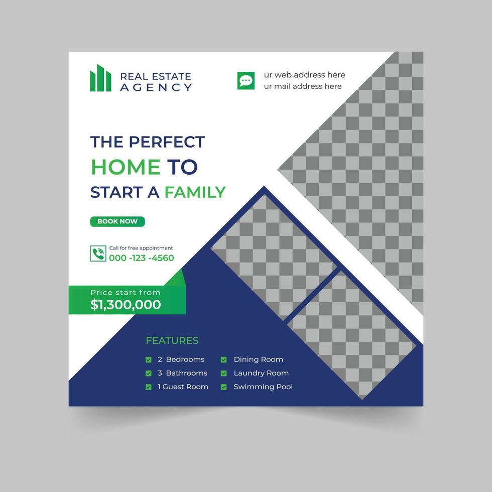 Real estate square social media post banner design the perfect home to start a family vector
