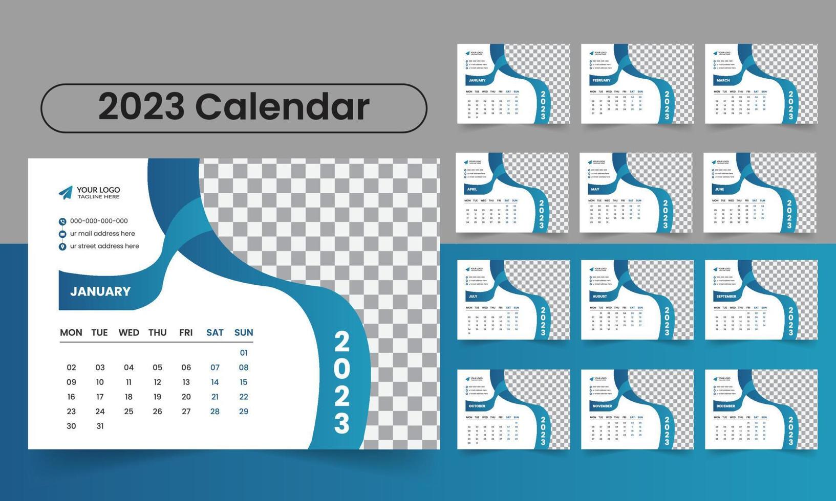 2023 desk calendar template design - yearly planner week starts on Monday vector