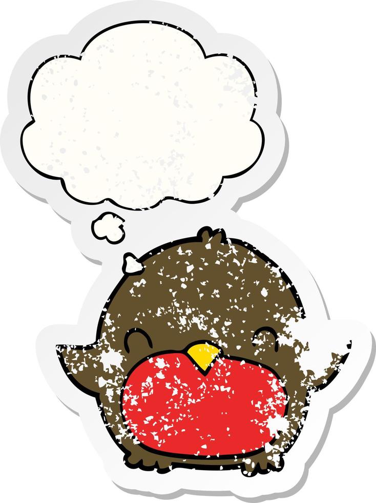 cartoon penguin and thought bubble as a distressed worn sticker vector