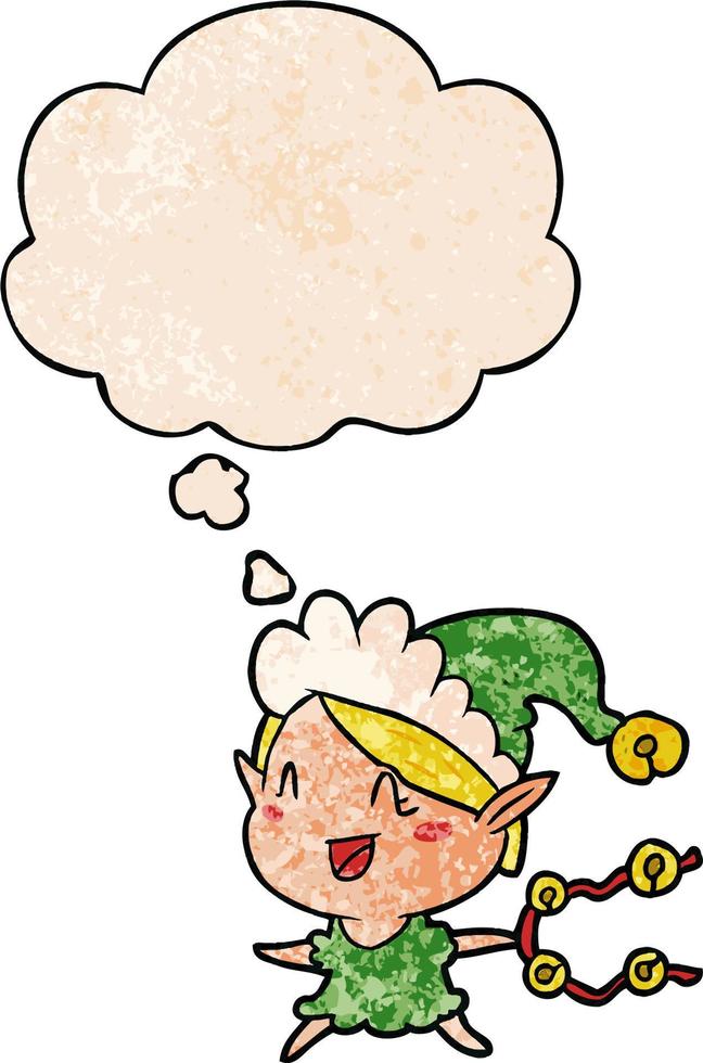cartoon happy christmas elf and thought bubble in grunge texture pattern style vector