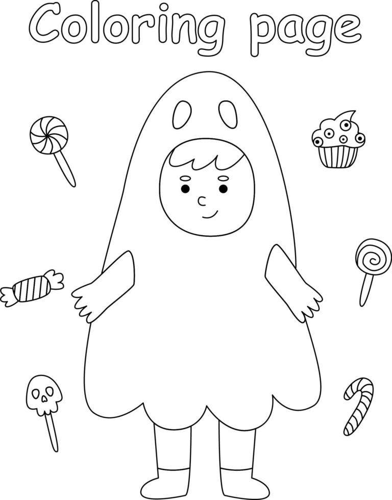 Página para colorear de Halloween para niños. lindos niños disfrazados de fantasmas y dulces, piruletas, pastelitos. hoja de trabajo imprimible con solución para escuela y preescolar. ilustración de dibujos animados vectoriales. vector