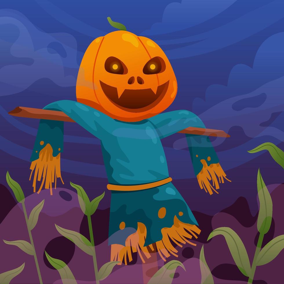 Grimming Scarecrow In Corn Field vector