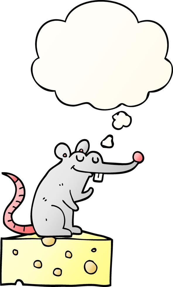 cartoon mouse sitting on cheese and thought bubble in smooth gradient style vector