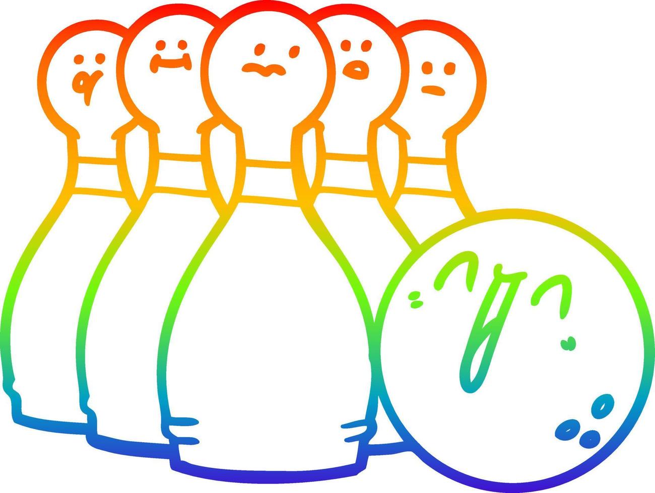 rainbow gradient line drawing cartoon laughing bowling ball and pins vector