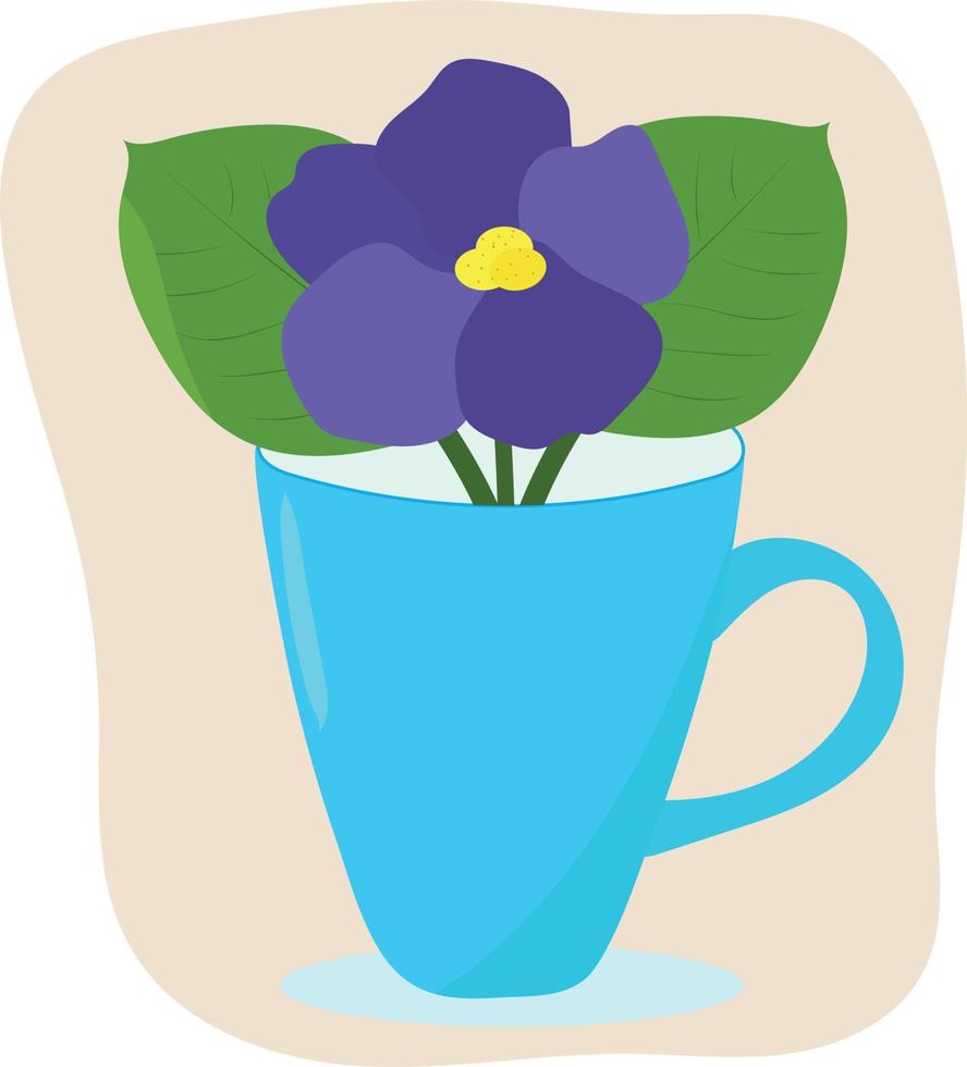 Bright composition purple flower with leaves in a blue glass. For open and notebooks, notepads. Summer mood. Vector. Flat style. vector