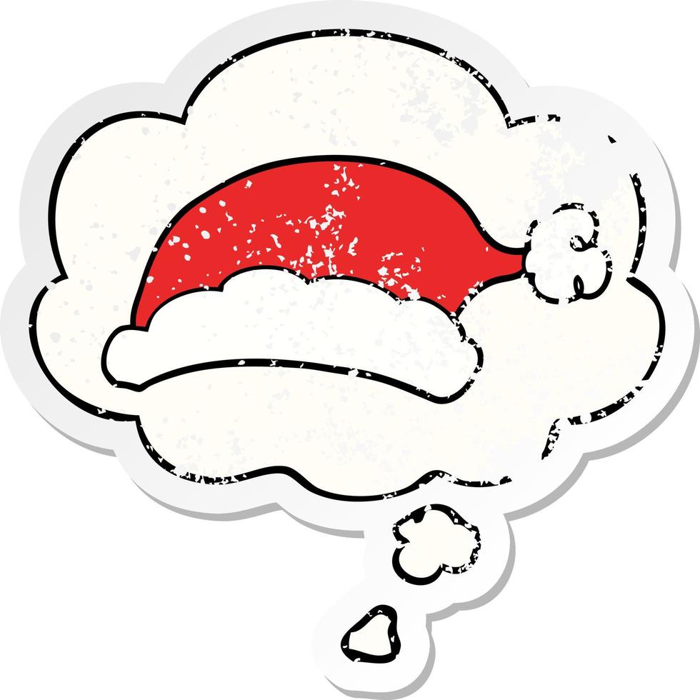 cartoon christmas hat and thought bubble as a distressed worn sticker vector