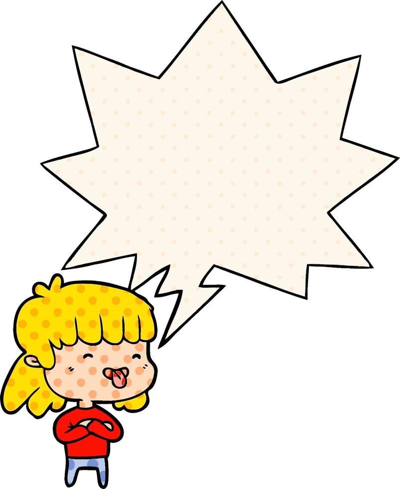 cartoon girl sticking out tongue and speech bubble in comic book style vector