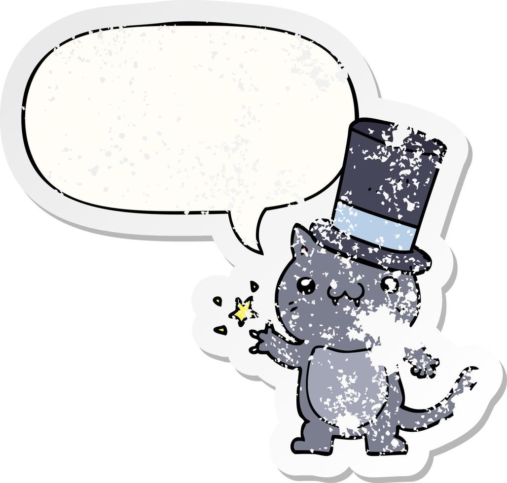 gato de dibujos animados con sombrero de copa y pegatina angustiada de burbuja de habla vector