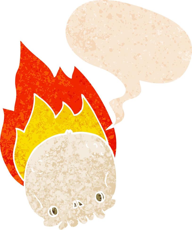 spooky cartoon flaming skull and speech bubble in retro textured style vector