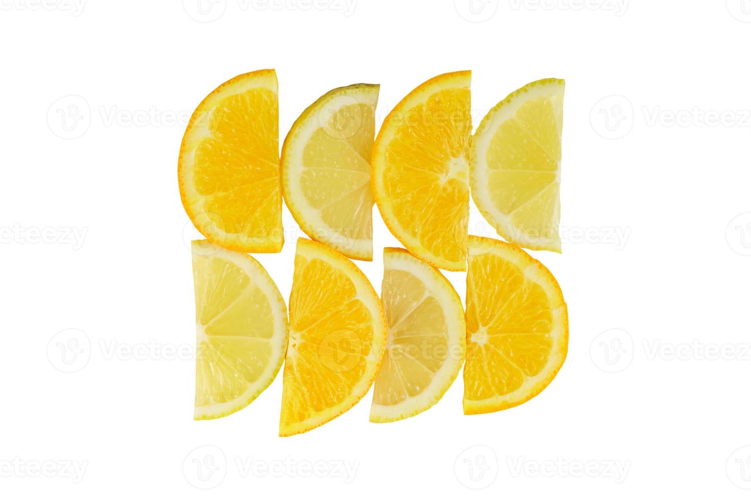citrus slice, oranges and lemons halves isolated on white background
