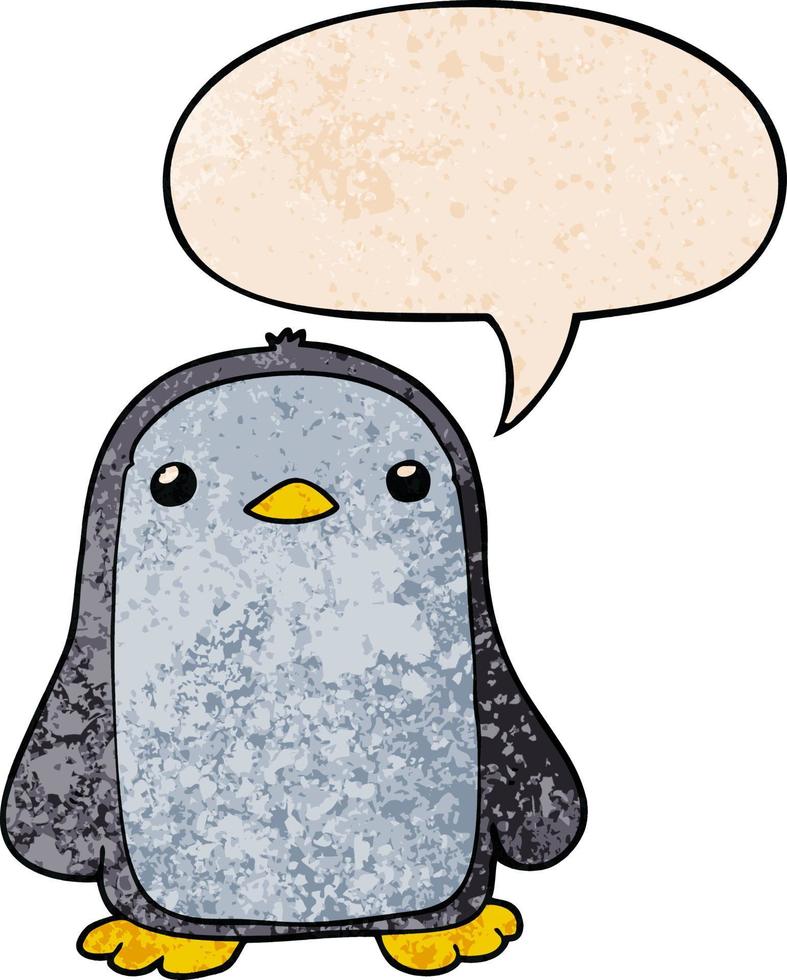 cute cartoon penguin and speech bubble in retro texture style vector