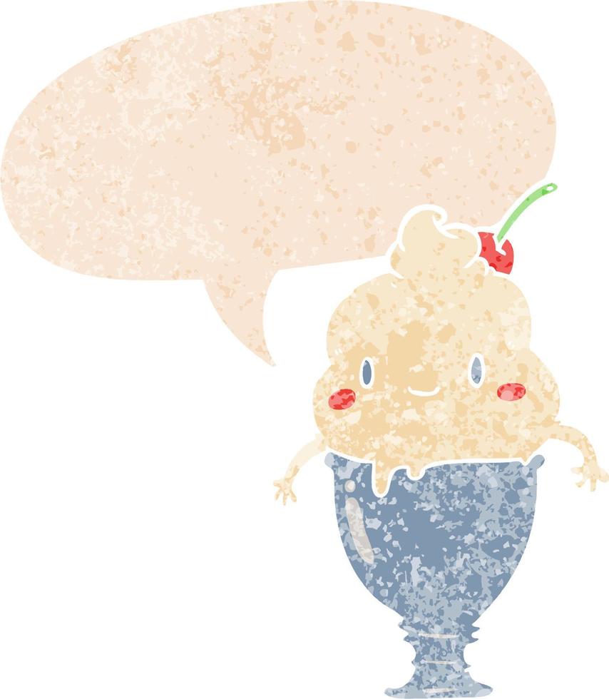 cute cartoon ice cream and speech bubble in retro textured style vector