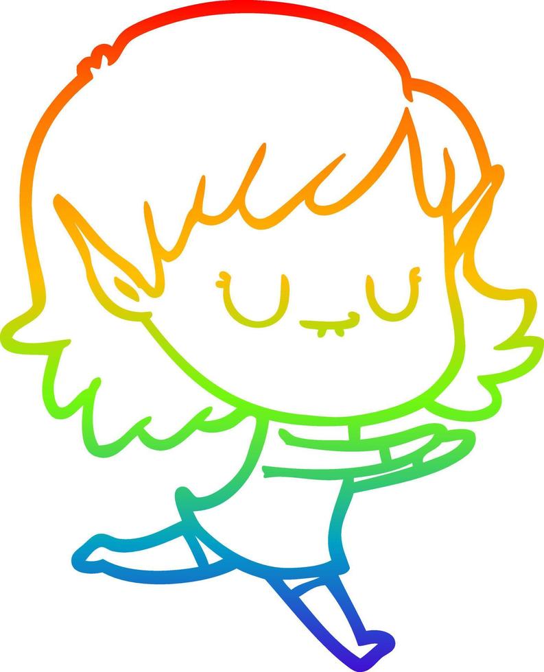 línea de gradiente de arco iris dibujo feliz caricatura elfo niña posando vector