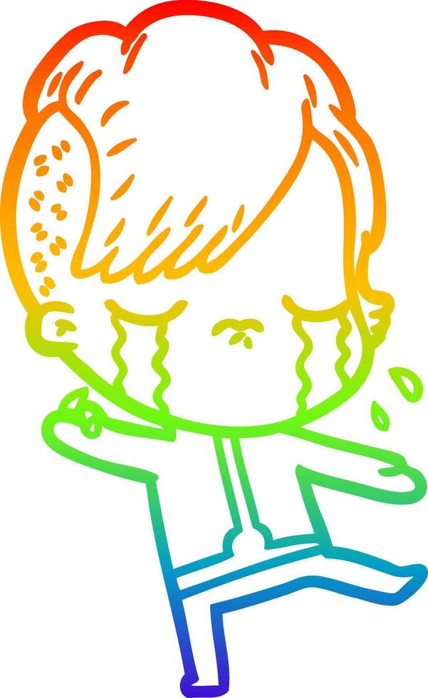 rainbow gradient line drawing cartoon crying girl wearing space clothes vector