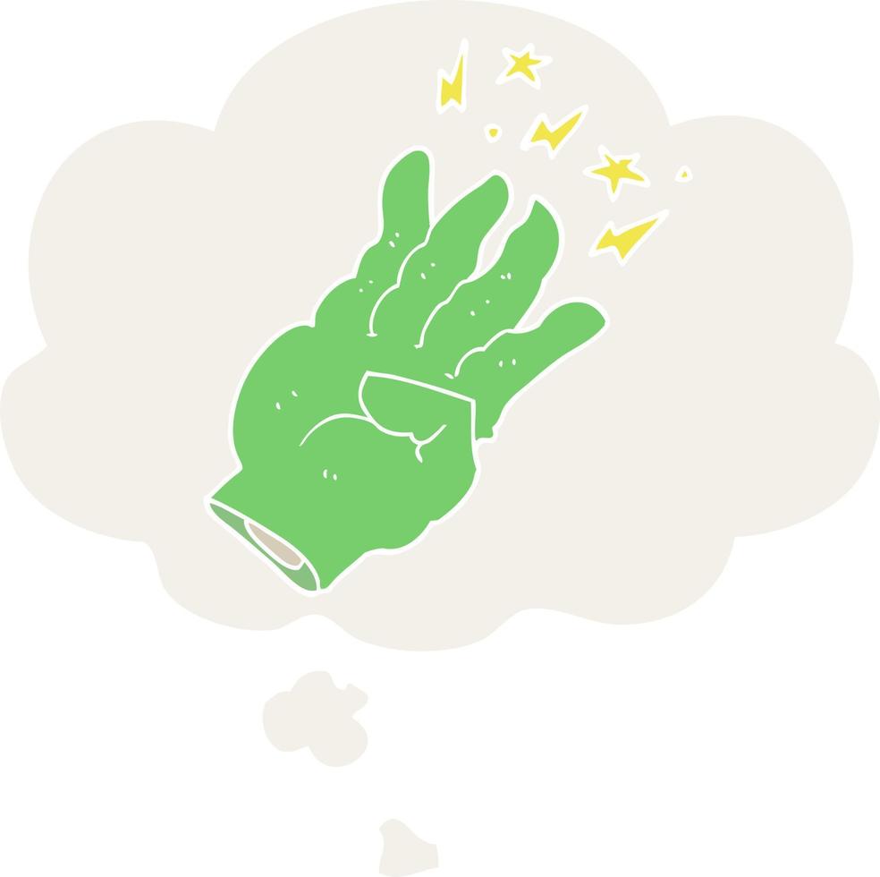cartoon spooky magic hand and thought bubble in retro style vector
