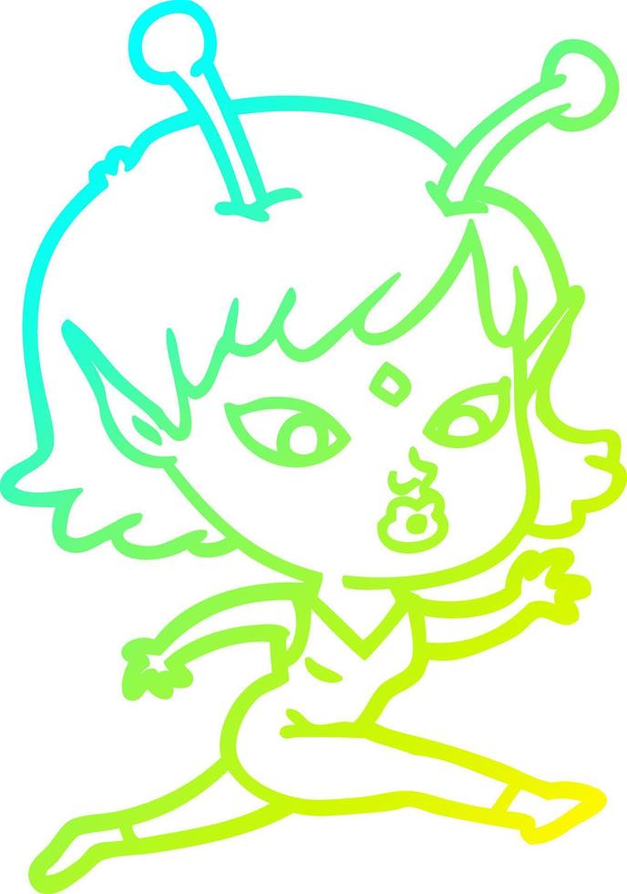 cold gradient line drawing pretty cartoon alien girl running vector