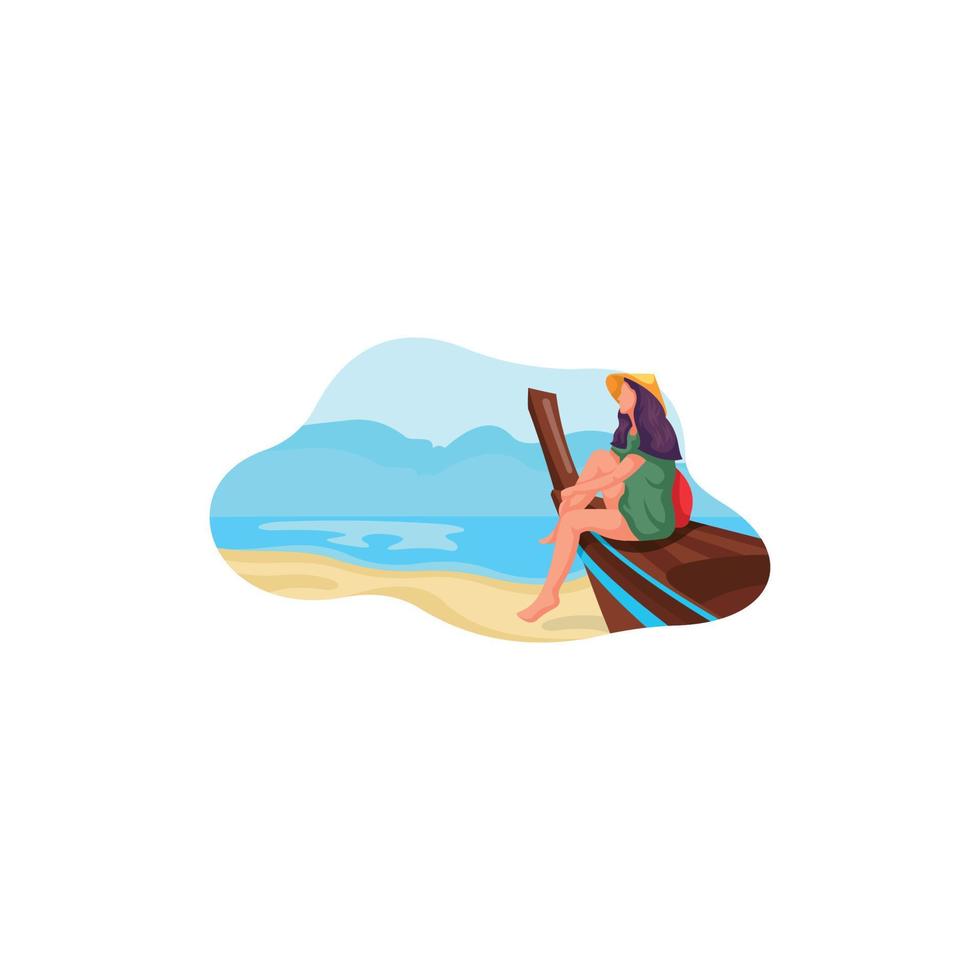 Woman Sitting On Boat Beach Illustration Logo vector