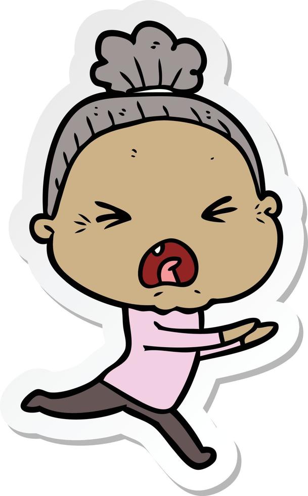 sticker of a cartoon angry old woman vector