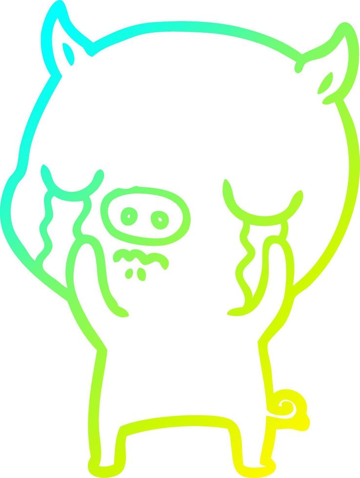 cold gradient line drawing cartoon pig crying vector