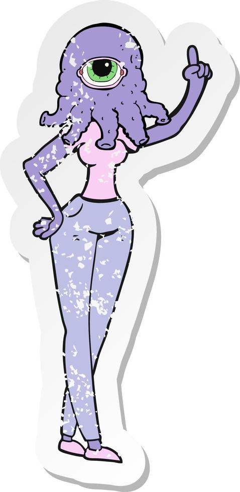 retro distressed sticker of a cartoon female alien with raised hand vector