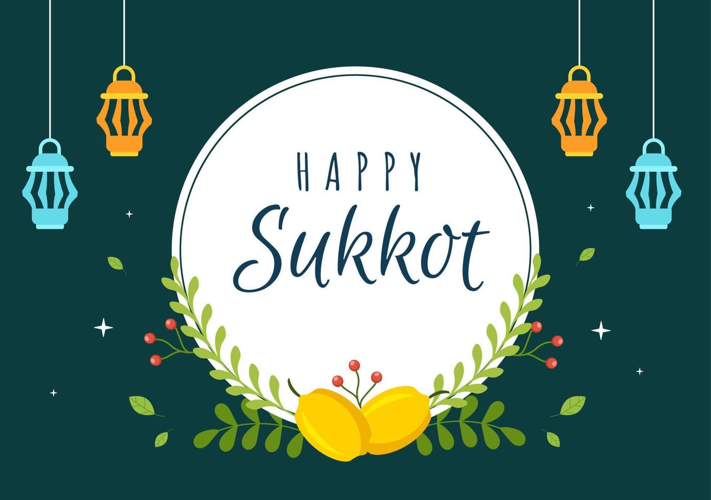 feliz festividad judía sukkot ilustración plana de dibujos animados dibujados a mano con sukkah, etrog, lulav, arava, hadas y diseño de fondo de decoración vector